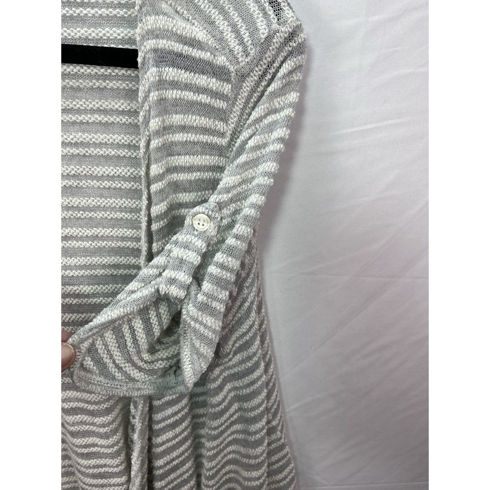 AB Studio Womens Grey White Striped Open Front Cardigan Sweater Size M Roll Tab - Picture 2 of 8